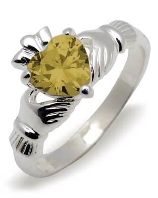 Sterling Silver Synthetic Citrine (Nov) Birthstone Claddagh Ring 9mm