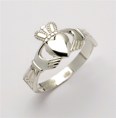 10k White Gold Small Claddagh Ring With Trinity Knot Cuffs 9mm