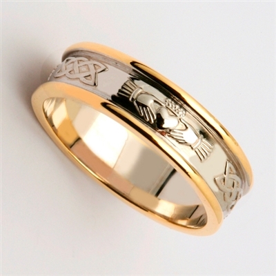 14k Gold 2 Tone Men's Claddagh Wedding Ring 6.7mm