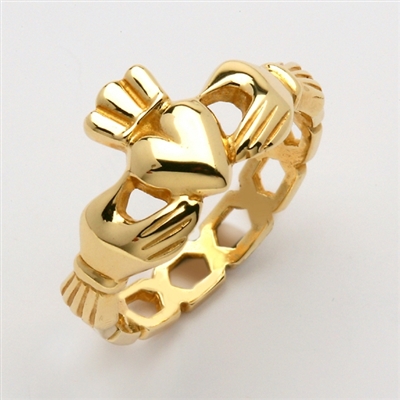 14k Yellow Gold Men's Pierced "Mo Chroi" Claddagh Ring 10.5mm