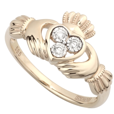 14k Yellow Gold Ladies 3 Stone Diamond Claddagh Ring 10mm