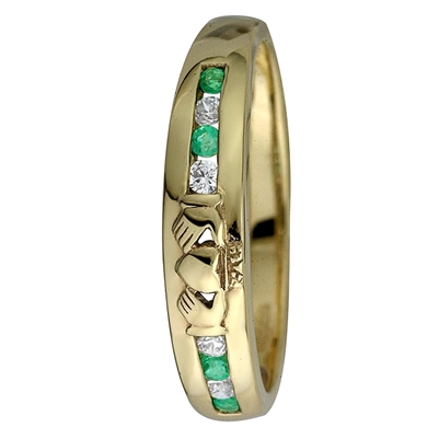 14k Yellow Gold Ladies Emerald & Diamond Eternity Claddagh Ring 4.5mm