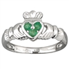 14k White Gold Ladies 3 Emerald Heart Claddagh Ring 10mm
