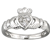 14k White Gold Ladies 3 Diamond Heart Claddagh Ring 10mm