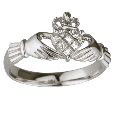 14k White Gold Ladies Diamond Claddagh Ring 10mm