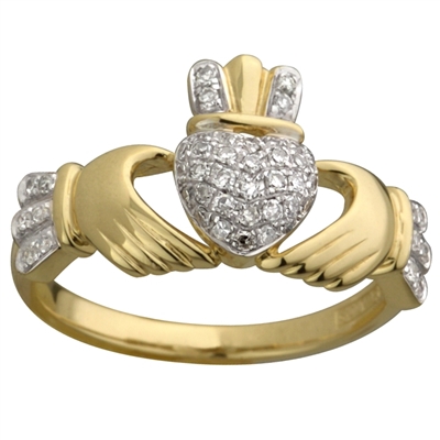 14k Yellow Gold Ladies Micro Diamond Claddagh Ring 10mm