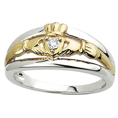 Sterling Silver 10k Yellow Gold Diamond Ladies Claddagh Ring