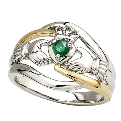 14k White Gold Ladies Emerald Claddagh Ring