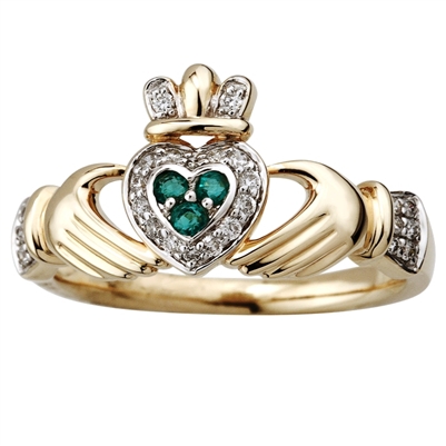 14k Yellow Gold Ladies Emerald & Diamond Claddagh Ring 10mm