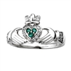 14k White Gold Ladies Emerald & Diamond Claddagh Ring 10mm