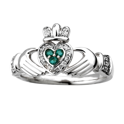 14k White Gold Ladies Emerald & Diamond Claddagh Ring 10mm
