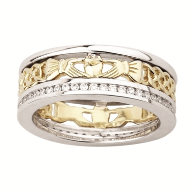 14k Yelow & White Gold Diamond Claddagh Ring