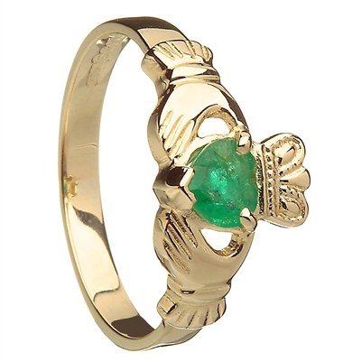 10k Yellow Gold Emerald Heart Ladies Claddagh Birthstone Ring 9mm
