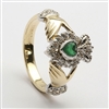 10k Yellow Gold Emerald & Diamond Cluster Claddagh Ring 13mm