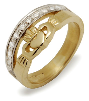 10k Yellow Gold Ladies Diamond Claddagh Ring 8mm