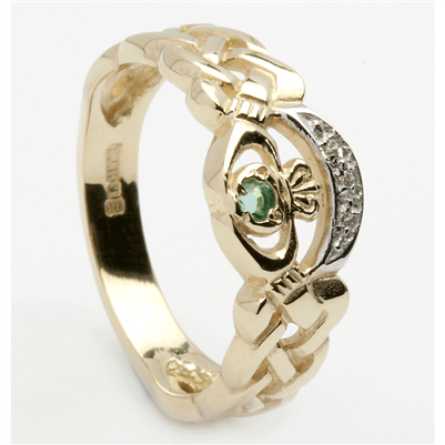 10k Yellow Gold Nua Celtic Diamond and Emerald Claddagh Ring 8mm