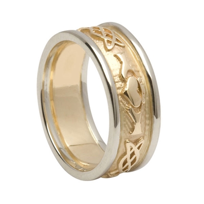 14k Yellow Gold Men's Embossed Celtic Knot Claddagh Wedding Ring 8.6mm