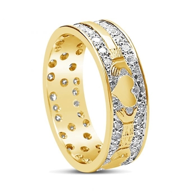 14k Yellow Gold & Pave Set Diamonds Men's Claddagh Wedding Ring 7.2mm