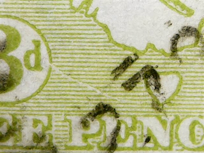 Kangaroo flaw ACSC 13(2)m 2R54 White scratch from value circle to "EN" of "PENCE" 3d Three Pence 3rd Watermark listed variety