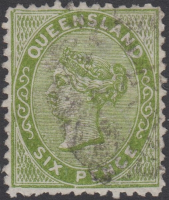 QLD SG 143 1879-81 6d Yellow-Green First 1st Sideface Queen Victoria Six Pence Queensland