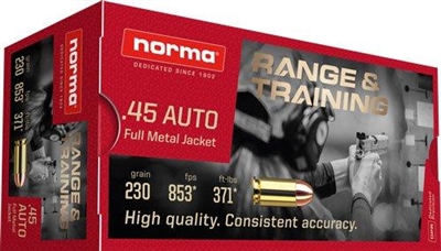 NORMA RANGE AND TRAINING 45 ACP 230 GR FMJ BRASS 1000 ROUND CASE