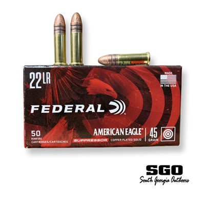 FEDERAL AMERICAN EAGLE 22 LR SUPPRESSOR 45 GRAIN COPPER PLATED SOLID  970 FPS 50 ROUND BOX