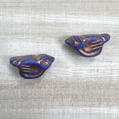 kelliesbeadboutique.com | 11 x 22mm Birds -  Matte Indigo with Copper - 2 beads