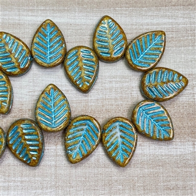 kelliesbeadboutique.com | 12x16 Dogwood Leaves Honey with Metallic Turquoise Wash