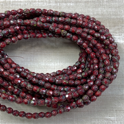 kelliesbeadboutique.com | 4mm Firepolish Dark Red Opaque Picasso