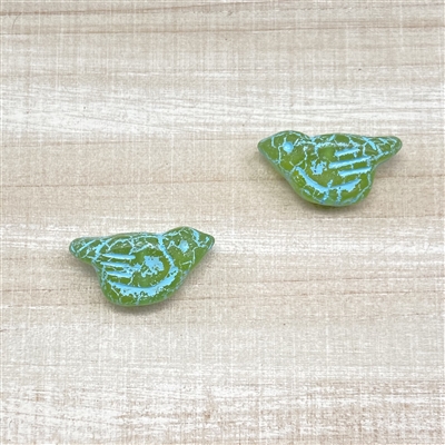 kelliesbeadboutique.com | 11 x 22mm Birds - Green Apple Turquoise Wash - 2 beads