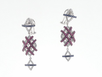 EDP2074 18k White Gold Diamond, Ruby & Sapphire Earrings