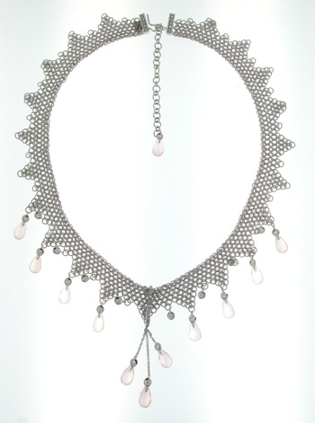 NEC1094 18k White Gold Diamond Pink Quartz Necklace