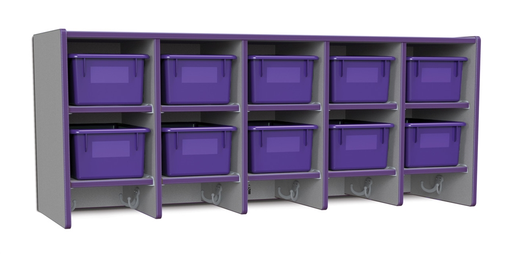 Rainbow Accents 10 Section Wall Mount Coat Locker - With Bins - Gray/Purple