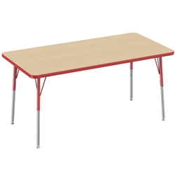 30" x 60" Rectangle T-Mold Activity Table with Adjustable Standard Swivel Glide Legs - Maple/Red