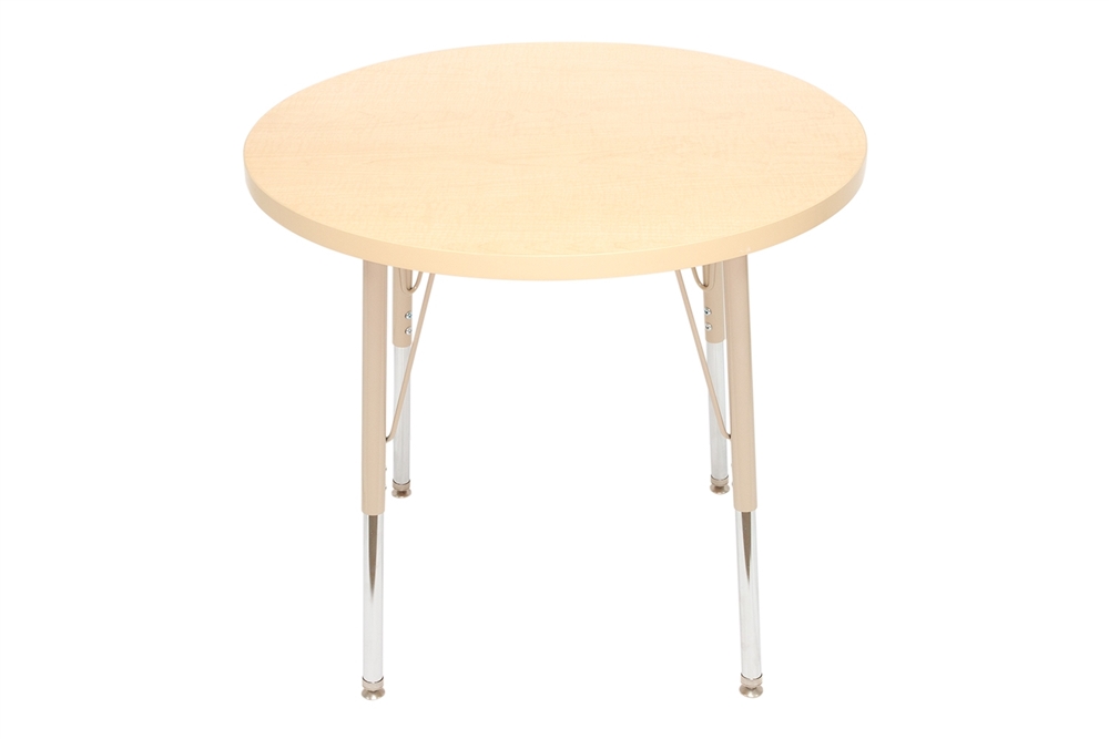 30" Round Thermofused Activity Table with Adjustable Standard Swivel Glide Legs (19" to 30") - Maple/Maple/Blue