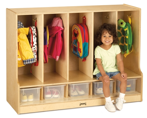 Toddler 5 Section Coat Locker With Step & with Clear Bins