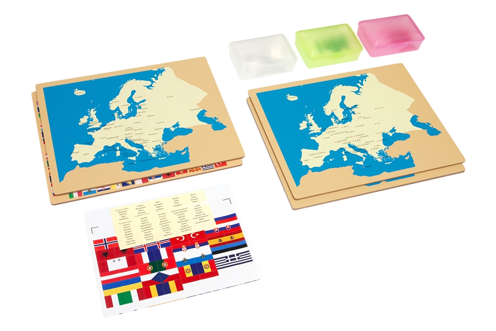 Four Maps of Europe without Cabinet (Country, Capital, Flag, & Push Pin)