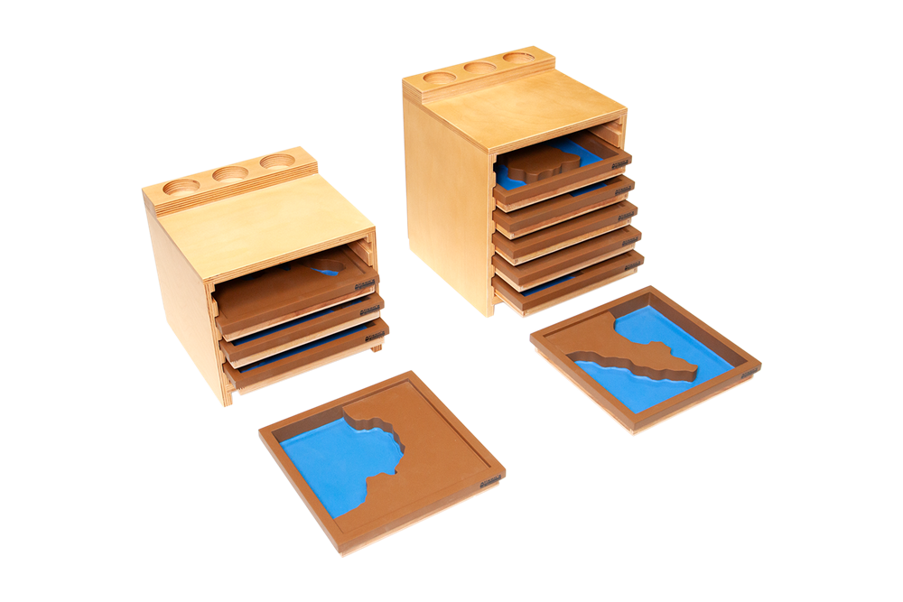 Wooden Land and Water Form Trays with Cabinets
