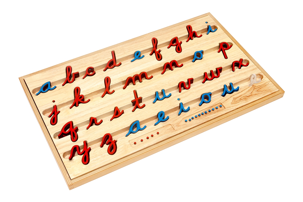Small Movable Alphabets: Lowercase Cursive - Blue with red vowels (Configured Box )