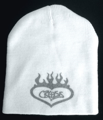 Silver Flaming Heart Cross Beanie in White