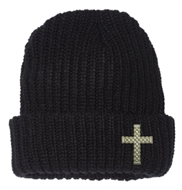 Black Gold Rope Cross Cuffed Chunky Rib Knit Beanie Black