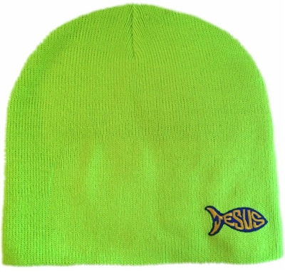 Jesus Fish Fitted Skull Cap Beanie in Neon Green