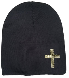 Black Fitted Gold Rope Cross Christian Beanie in Navy Blue