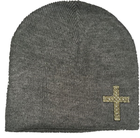 Black Gold Rope Cross Fitted Christian Beanie in Heather Gray