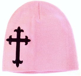 Black Satin Christian Cross Beanie in Pink