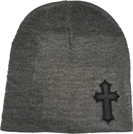 Black Satin Christian Cross Beanie in Heather Gray