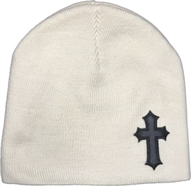 Black Satin Christian Cross Beanie in Sand