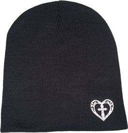 Silver Sparkle Heart Fitted Skull Cap Cross Beanie in Navy Blue