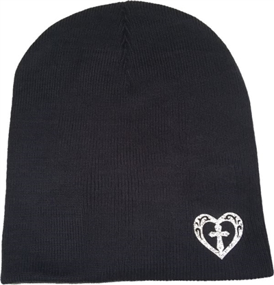 Silver Sparkle Heart Fitted Skull Cap Cross Beanie in Navy Blue