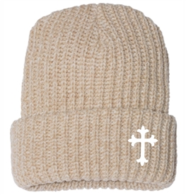 Saints Latin Cross Cuffed Chunky Knit Beanie Oatmeal